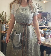 Vintage Handmade 100% Linen Upcycled Art Apron Boho Cottagecore Lagenlook Long M picture
