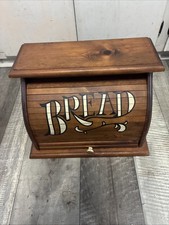 Vintage Wooden Bread Box with Roll-Top Lid and 'BREAD'  Lettering   Read picture