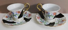VINTAGE MERIT CHINA JAPAN DEMITASSE PAIR CUP SAUCER BLACK PINK GOLD FLOWERS picture