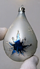 VTG Glass ATOMIC STAR PEAR Glitter DROP Christmas Ornament Fantasia Poland Blue picture
