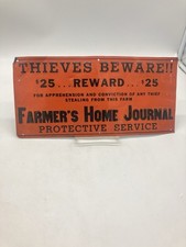 VINTAGE C.1930 THIEVES BEWARE FARMERS HOME JOURNAL FARM EMBOSSED METAL SIGN picture