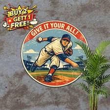 Retro Baseball Player Metal Sign Round Sports Enthusiast Tin Wall Art Plaque picture