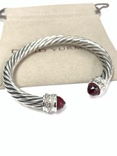 David Yurman 925 Silver 7mm Crossover Red Garnet & Diamond Cuff Bracelet picture