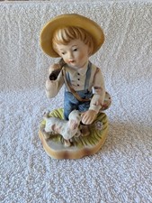 Vintage Hand Painted Bisque Farm Boy with Dog Figurine Gone Fishing 5 
