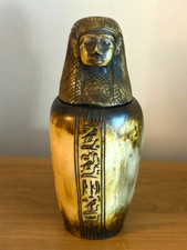 Vintage Egyptian Canopic Jar Replica Imsety Human Head Lid Hieroglyphs Resin picture