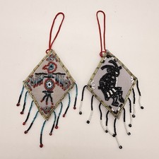 2 Vintage Native American Beadwork Thunderbird Kokopelli Design Pendant Ornament picture