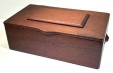 VTG Mahogany Caddy Trinket Box  Nautical Fabric Navy Brass Hdwe • 11.5”x6.5”x4” picture