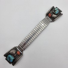 Vintage Mike Simplicio 925 Sterling Silver Turquoise & Coral Watch Tips Band picture
