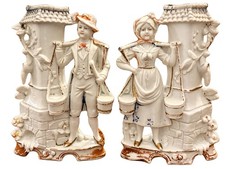 Antique Heubach Bisque Porcelain Spill Vases Pair Water Carriers Germany 6.5