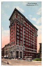 1914 Press Building, Street Scene, Wagons, Bike, Binghamton, NY Postcard picture