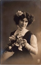 Postcard | Real Photo Lady Holding Flower Bouquet RPPC picture