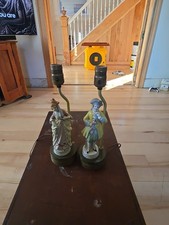 Vintage Pair of Porcelain Victorian Figurine Boudoir Table Lamps on Metal Bases picture