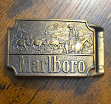 Vintage 1970s Brass Marlboro Cowboy Cattle Drive Belt Buckle picture