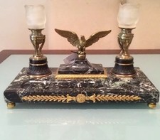 Antique Vintage 19C Gilt Bronze Mouted Marble Base Pen Tray Eagle Candelabra picture