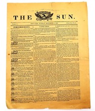 Rare 1833 THE SUN Newspaper from New York FIRST ISSUE NO 1 from September 3rd picture