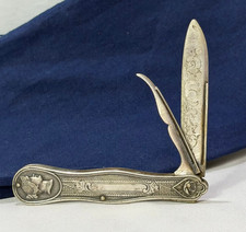 Antique Victorian Ladies' Knife Folding Fruit Knife Seed/Nut Pick Etched Blade picture