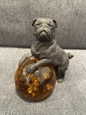 Vintage Solid Bronze Mini Pug Dog on Amber Glass Ball Sculpture Paperweight 5