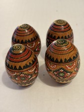 Lot x4 Vintage Ukrainian Pysanky Hand Painted Wooden Easter Eggs Hutsul Folk Art picture