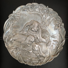 1994 Arthur Court Bunny Rabbit Serving Platter Aged Iridescent Bas-Relief Metal picture
