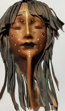 Tribal Face mask hand painted signed Art Cuero ethnic leather picture