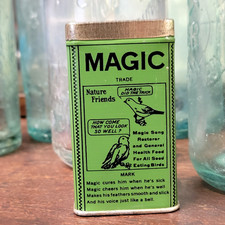 Beautiful c1930s Magic Bird Food Tin Song Restorer Canary Seed Vintage Pet picture