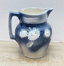 Vintage Blue White Art Pottery Large Water Pitcher Embossed Floral Clean Foot picture