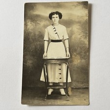 Antique RPPC Real Postcard Photograph Young Woman Footed Table Odd Unique Dress picture