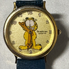 Armitron Garfield 1978 Quartz Wristwatch Gold Tone Case Blue Leather Strap picture