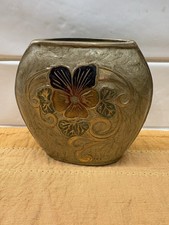 Vtg A. Dellaux Signed Brass & Enamel Flat Oval Vase - Pansy / Viola Flower picture