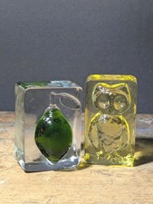 Vintage Solid Glass cut Owl and fruit paperweights , Collectable, decorative  picture