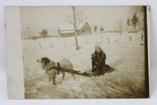 Antique RPPC Postcard Boy Child Riding Sled Dog Pulling Winter Snow Farm 1920s picture