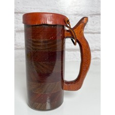 Vintage Handcrafted Wooden Beer Stein Tankard with Howling Wolf Leather Lid picture