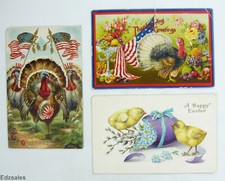 3 Antique Embossed Postcards early 1910's - Thanksgiving Patriotic Turkey Easter picture