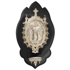 Antique French Silver Gilt Bronze Holy Family Religious Water Font Wall Plaque picture