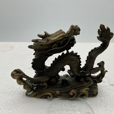 Vintage Chinese Bronze Dragon Sculpture On Waves 3” Detailed Asian Figurine picture