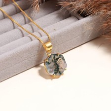 Moss Agate Hexagon Pendant, 14k Gold Handmade Jewelry picture