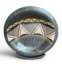 Vintage Postmodern Hand-Painted Memphis Tribal Platter w/ Matching Stand 19” picture
