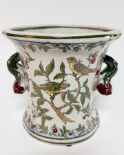 Vintage Crackle Glaze Ceramic Planter Urn Birds Branches Pomegranate Handles 7