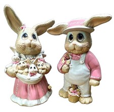 Vintage Sue Spears 1990 Ceramic Rabbit Figurines Set of 2 Pink Dress & Overalls  picture