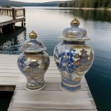 Toyo Japan Satsuma Ginger Jars Blue & Gold Crackle Glaze with Scenic Landscape picture