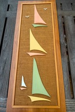 Vintage 1960s MCM 3D Wood Sailboat Wall Art Burlap Nautical Mid Century Modern picture