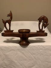 Vintage Mid Century Modern Wood Deer Candelabra Candle Holder Carved Stag MCM picture
