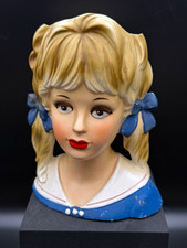 Vintage Brinn’s Inarco E3838 Blonde Teen Head Vase w/Pigtails & Blue Bows picture