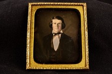 Daguerreotype Man w/ Wavy Hair & Tinted Cheeks Ornate Mat 1/6 Plate Antique V33 picture