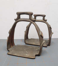 Pair Antique Bronze Engraved Stirrups Mother of Pearl Inlay Remnants picture