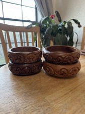 Thai Treasures Wood Hand Carved Teakwood Bowls Set Of 4 Made In Thailand picture