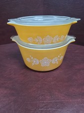 Pyrex Gold Butterfly 473 471 Casserole Baking Dish w/ 2 Lids 470-C Vintage USA picture