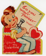 1920s-30s Cute Boy Hammer Sign Valentine Card Heart P187 picture