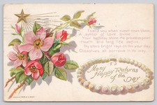 Antique 1908 E. Nash Birthday Postcard Pearls Roses Embossed Posted picture