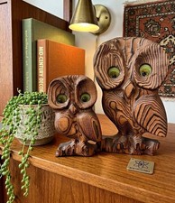 MCM Japanese Carved Wood Owl Pair Figurines Witco Style Green Eyes Mama Baby VTG picture